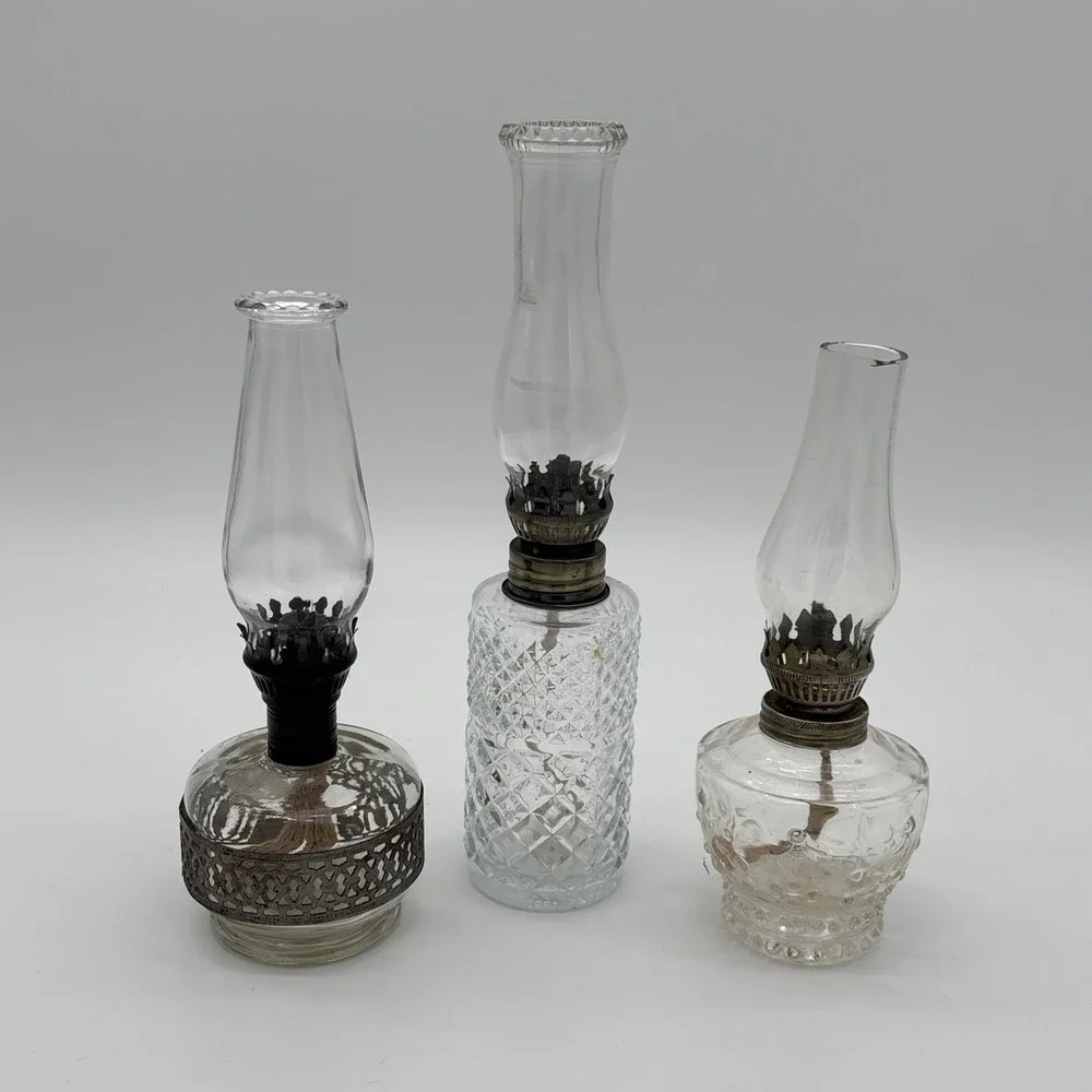 Lot of 3 Vintage Miniature Clear Pressed Glass Oil Lamps Hurricane Chimney Set